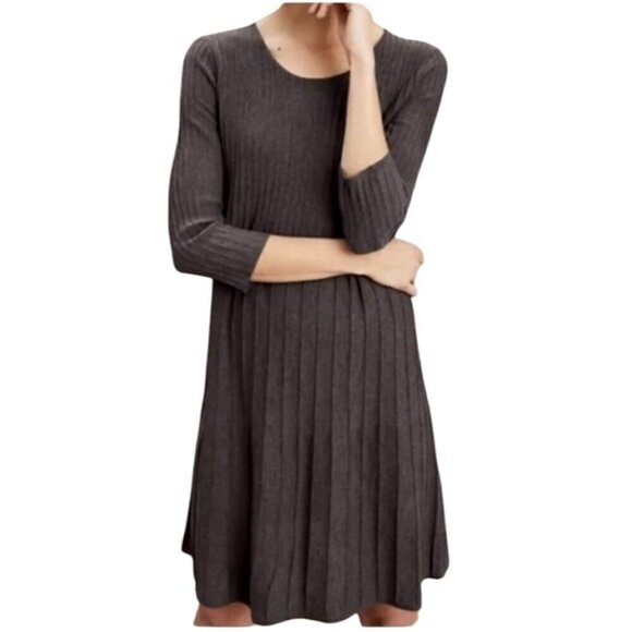 Eileen Fisher Dress Womens Petite Small Brown Wool‎ Ribbed Pleated Knit Mini NWT - Picture 1 of 12